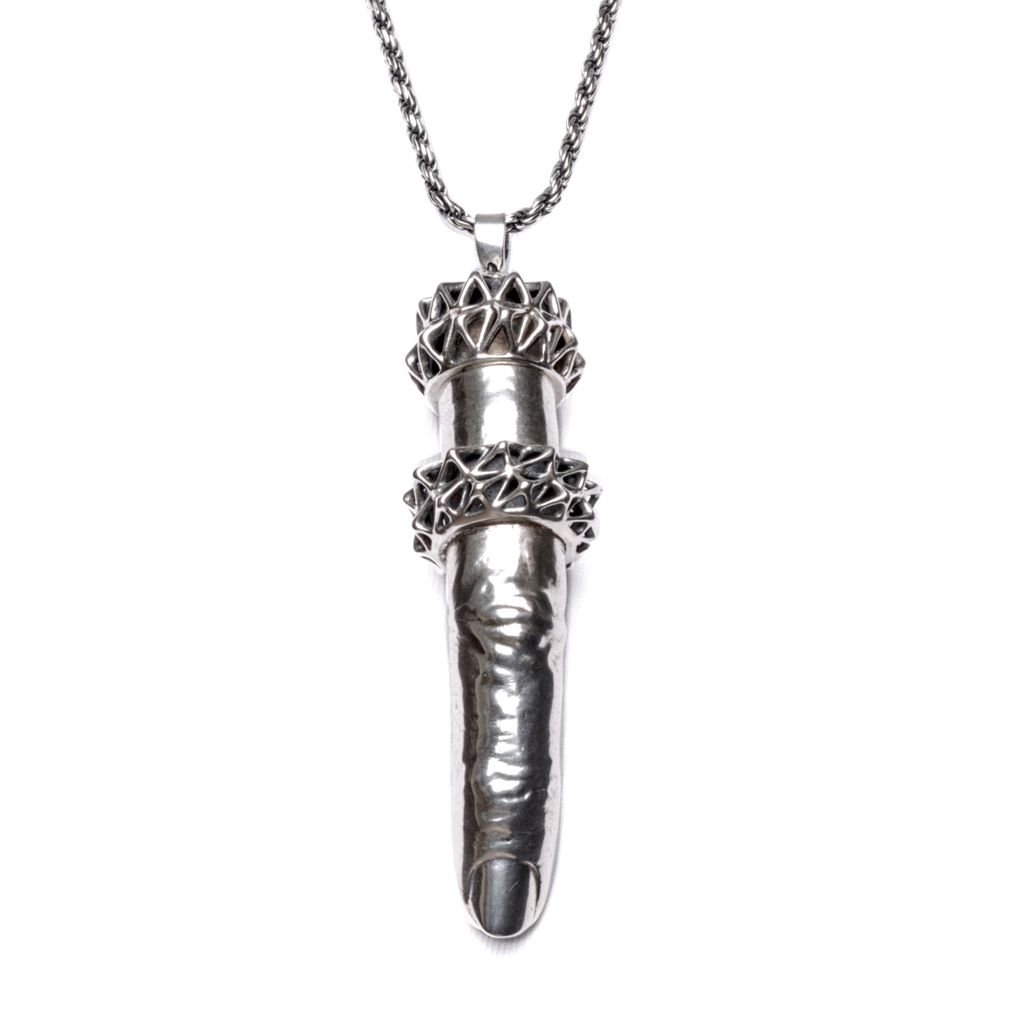 Aṅgulimāla is a solid sterling silver pendant in the shape of a human finger, named after the historical figure in Buddhist literature. The pendant has a screw top and internal storage compartment. The pendant is designed to hold your rings while you are working with your hands.