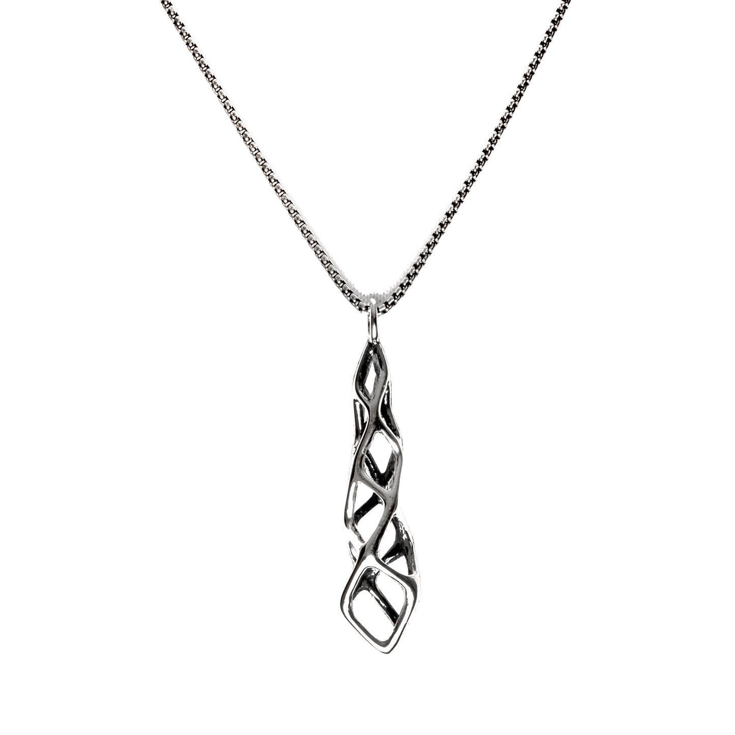 The shorty version of our spire shaped Cubicoid drop pendant is shown here on a white background. The solid sterling silver necklace is contrast oxidized for maximum impact.