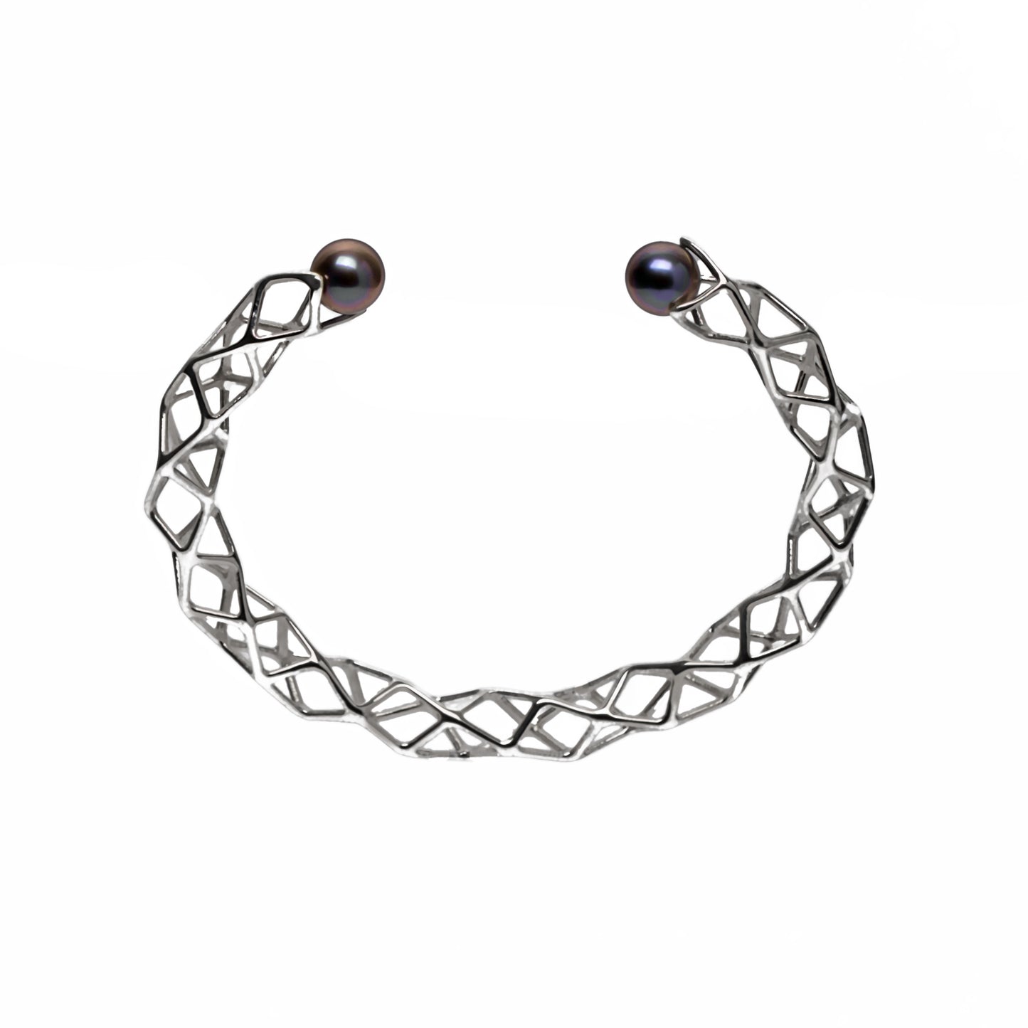 Our solid sterling silver spiraling lattice bracelet is capped with two freshwater black pearls.