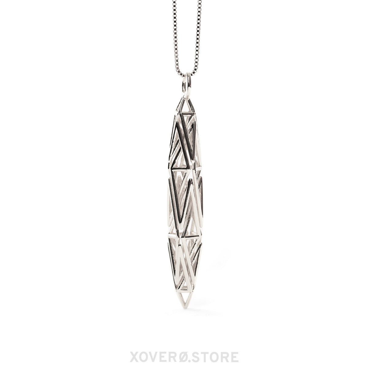 Edgy solid sterling silver pendant necklace with dynamic angular lattice in a prismatic configuration suspended from a box chain.