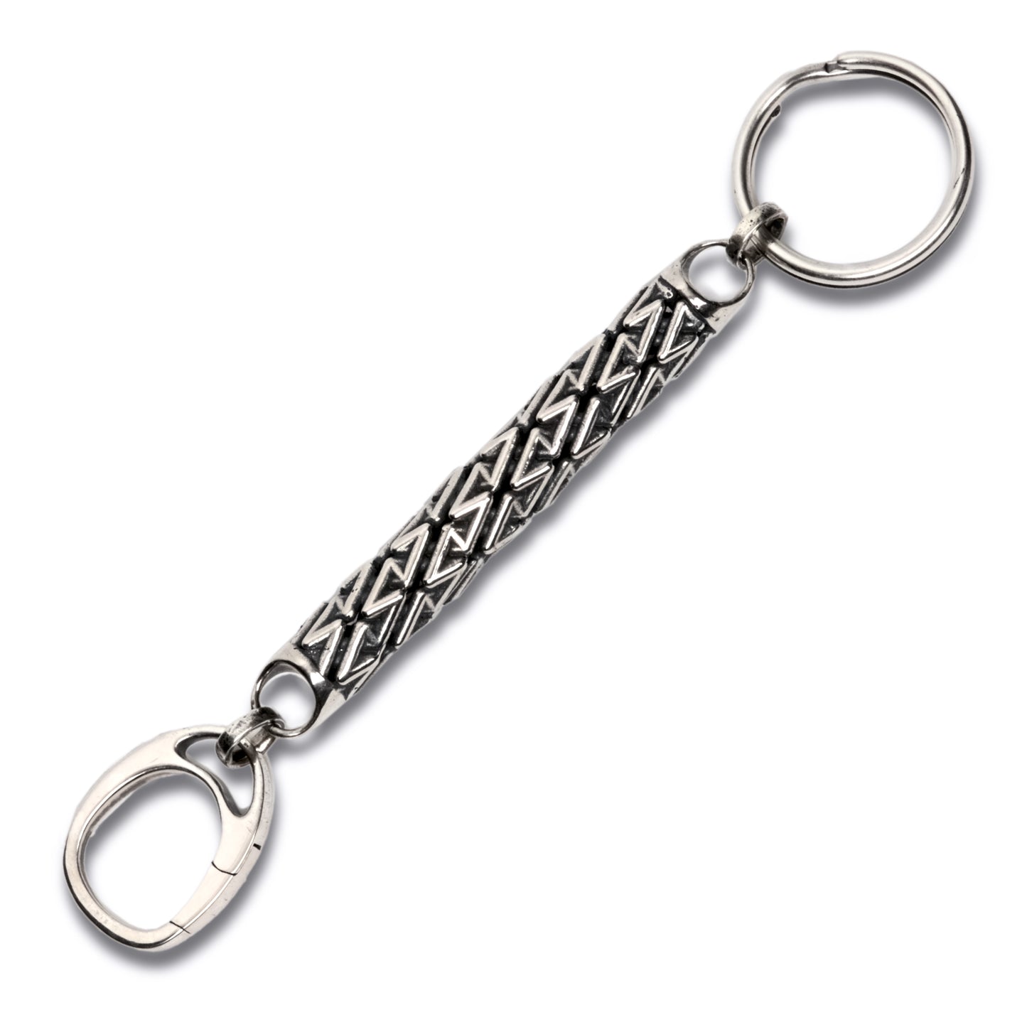 Sterling silver designer keychain with precise architectural detailed latticework featuring a spiral ring at one end and spring loaded clasp at the other for valet convenience.