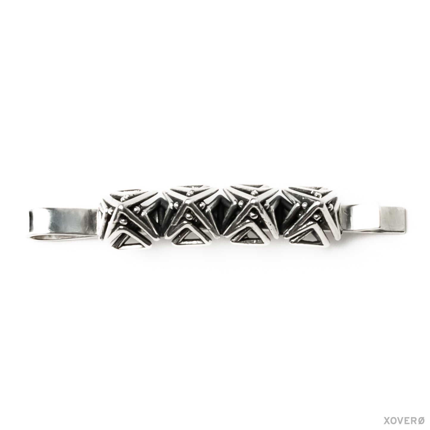 Top view of the precise geometric detail in a sterling silver Art Deco-inspired heirloom hair pin.