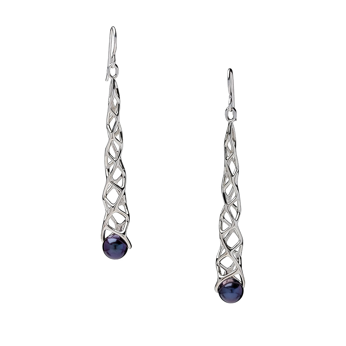 A pair of sterling silver dangle earrings with geometric design and freshwater pearl accents.