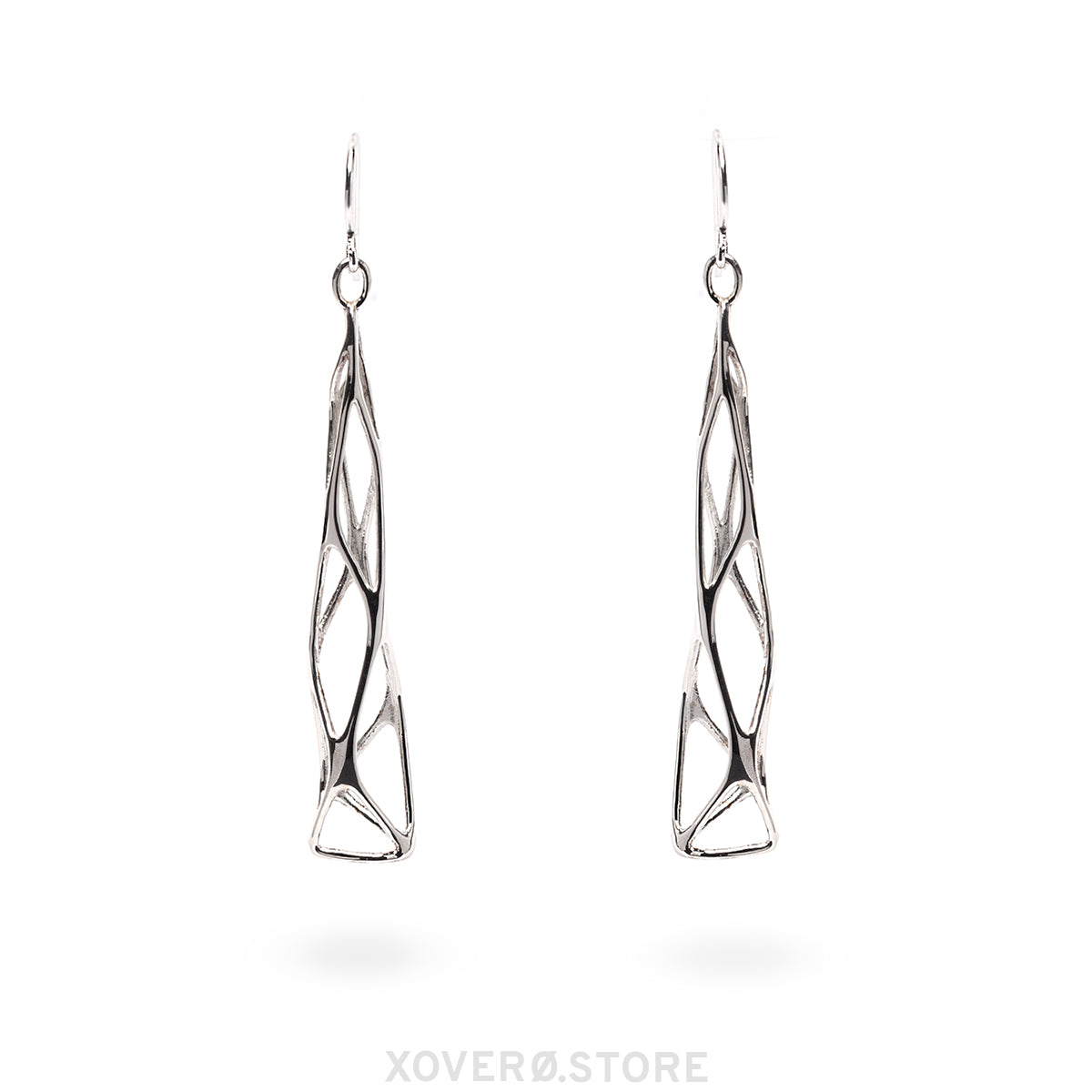 Solid sterling silver slender lattice earrings with elongated dimensional forms. The abstract designs are symmetrically mirrored for overall balance when worn.