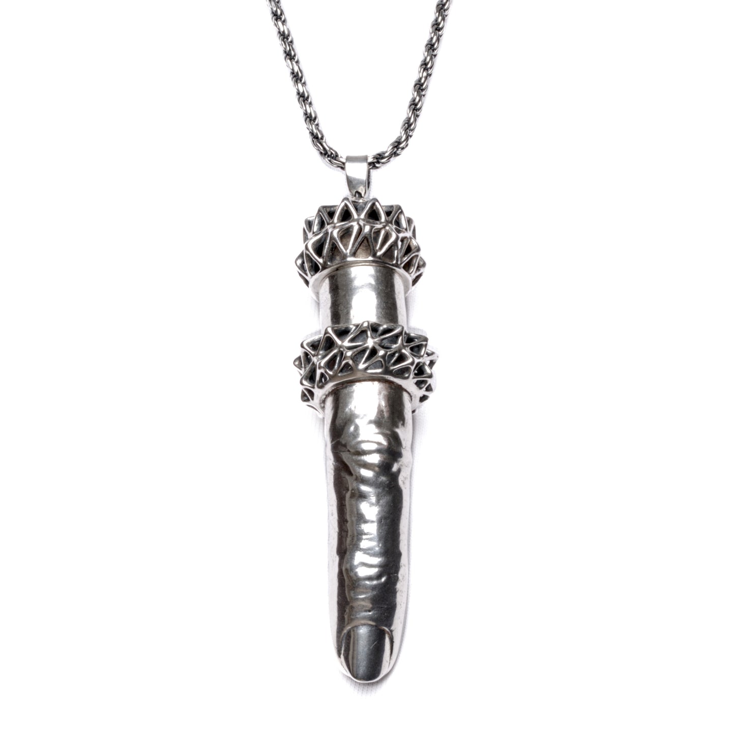 A solid sterling silver pendant in the shape of a human finger. The pendant has a screw top and internal storage compartment. The pendant is designed to hold your rings while you are working with your hands. 