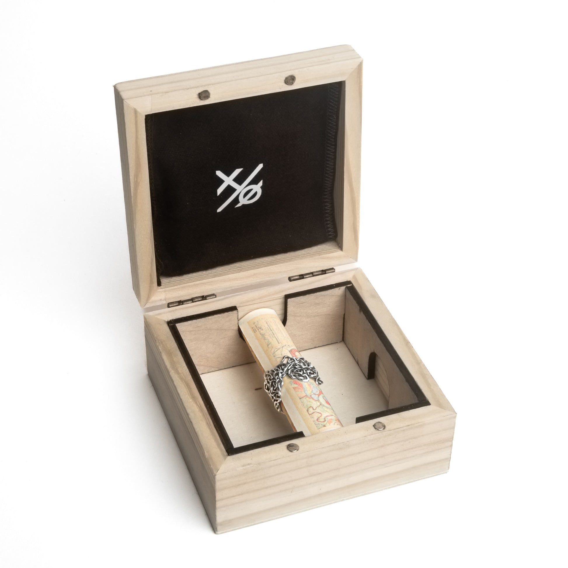 Custom wooden box holding a Mississippi River ring crafted in solid sterling silver suspended on rolled up miniature map. 