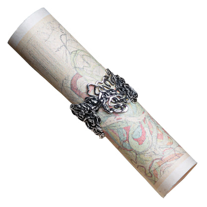 .925 sterling silver ring with map design encircles a rolled-up map of it's own likeness.