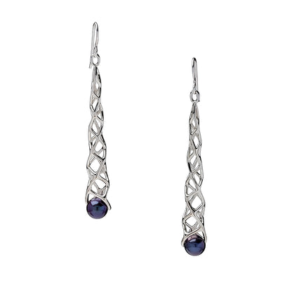 A pair of sterling silver dangle earrings with geometric design and freshwater pearl accents.