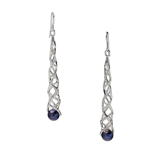 A pair of sterling silver dangle earrings with geometric design and freshwater pearl accents.