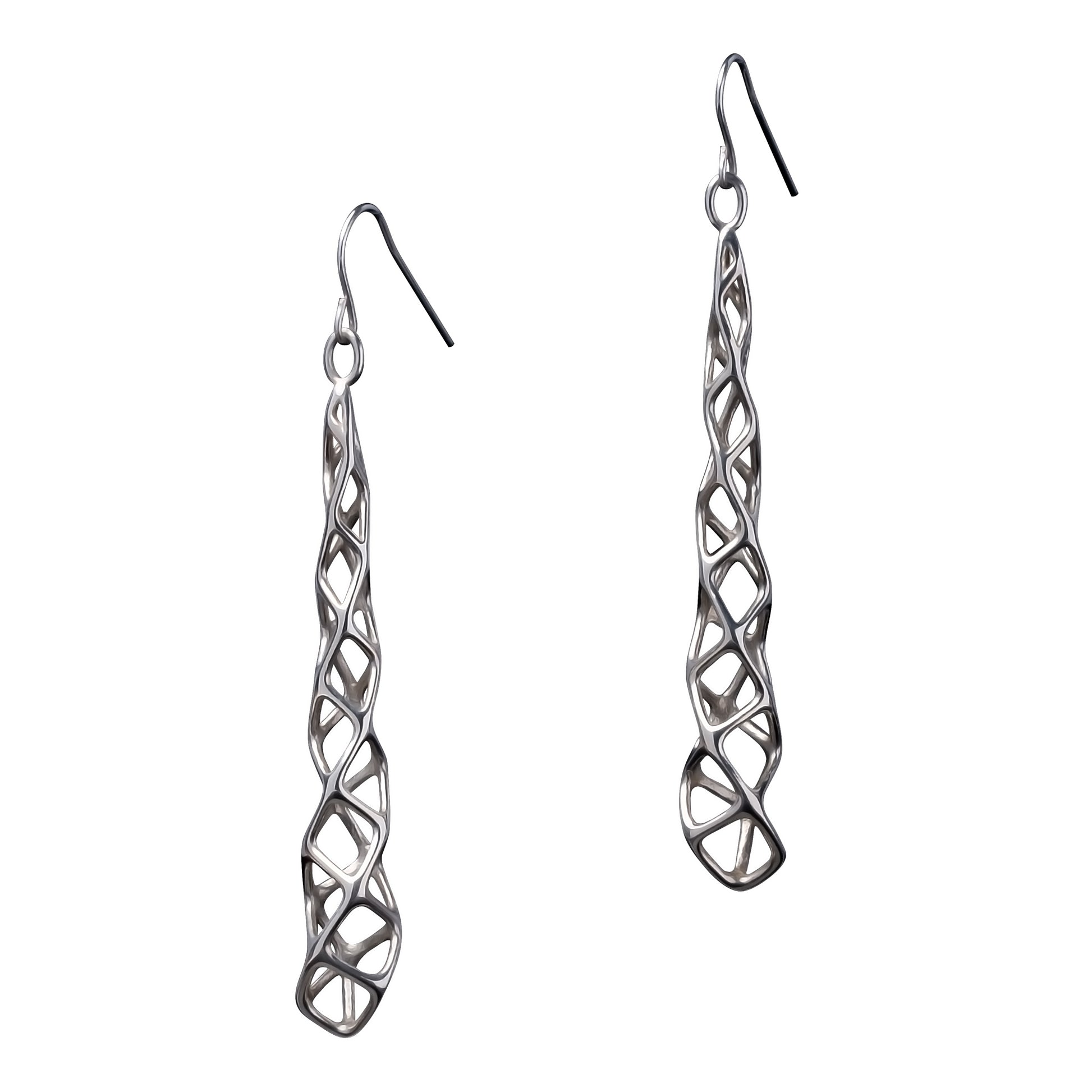 A cube twists and spirals to form these latticework dangle earrings. Made of solid sterling and suspended from silver french hooks, these architectural earrings are polished to a mirror finish. 